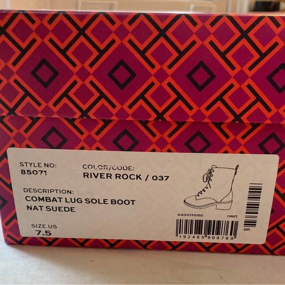 Tory Burch Suede Combat Lug Sole Lace Up Boots Nat River Rock Brown 85071 Gold - Picture 11 of 12